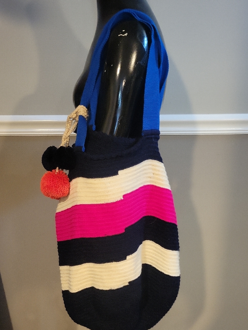 Sophie Anderson Striped Knit Tote Bag Pom Pom Accents